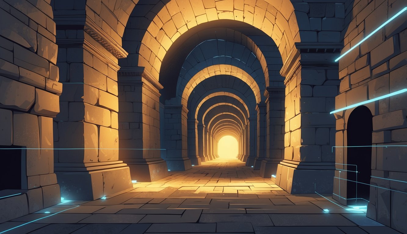 Underground stone tunnels beneath the Louvre with archways and hidden passageways, surrounded by subtle images of famous monuments including the Great Pyramid, Colosseum, Taj Mahal, Machu Picchu, Statue of Liberty, and Great Wall of China.