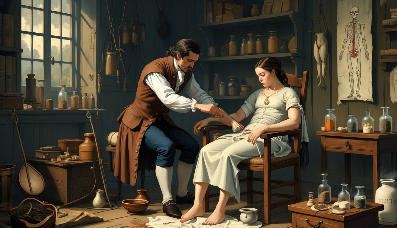 A historical scene showing a doctor performing bloodletting on a patient in an old medical room with antique instruments and books around them.