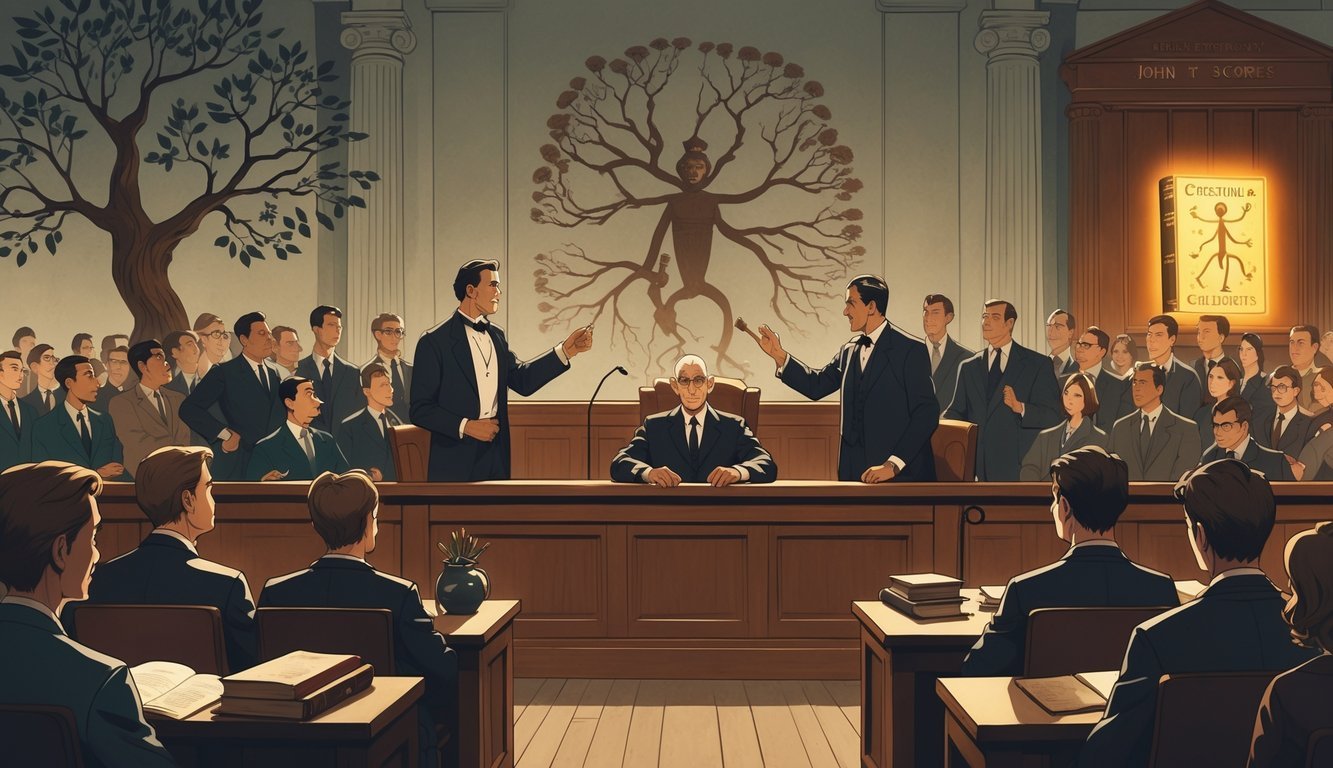 A courtroom scene showing the Scopes Monkey Trial with a judge, a lawyer arguing, the defendant seated, and spectators watching, symbolizing the clash between evolution and creationism.
