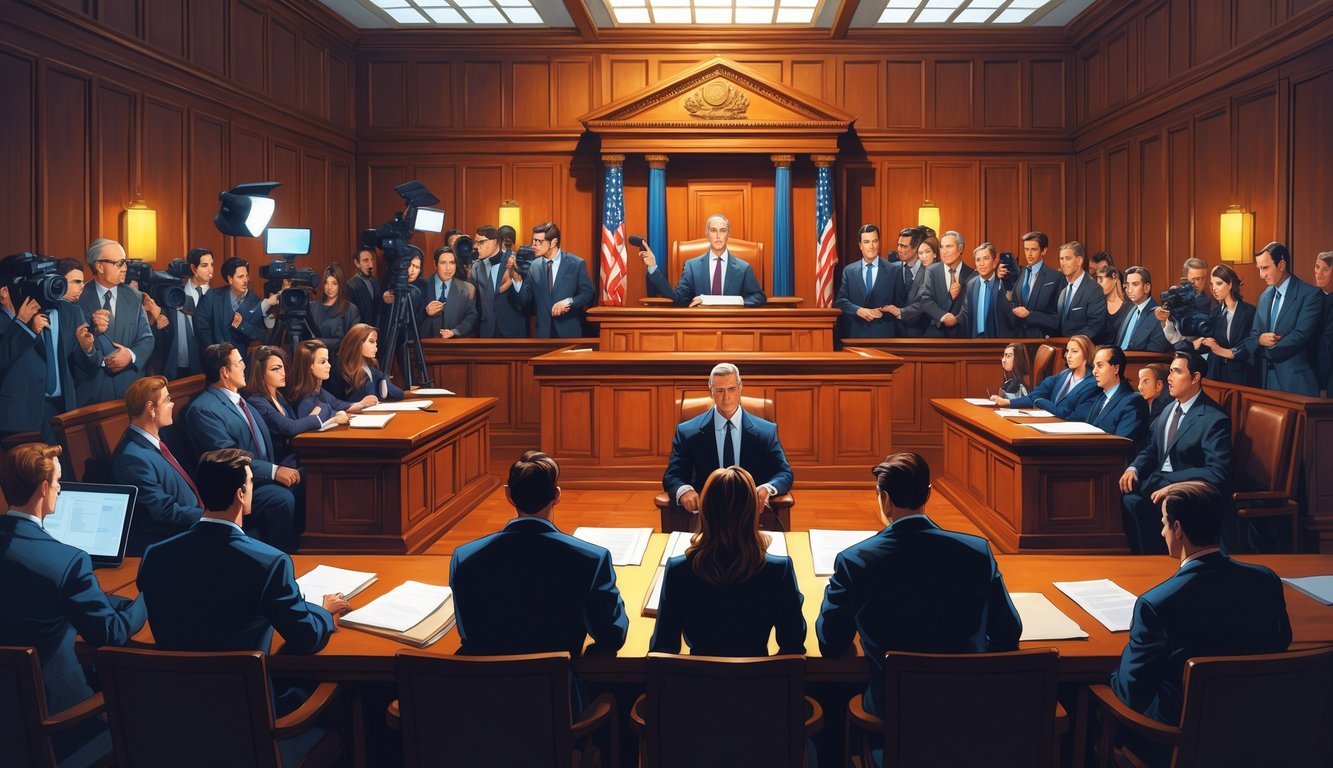 A courtroom scene showing a judge, lawyers, jury, and a famous defendant during a high-profile trial with media photographers in the background.