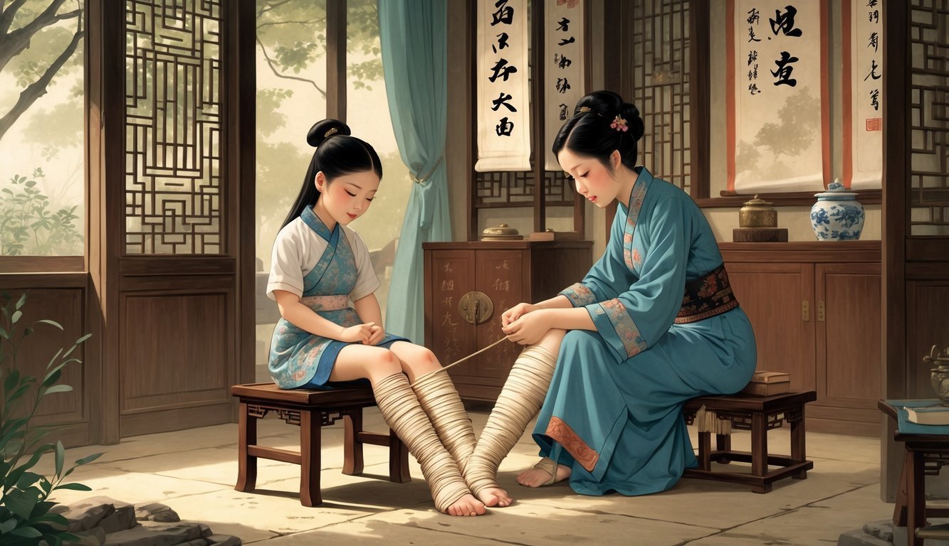 A young Chinese girl having her feet tightly bound by an older woman in a traditional Chinese room during Imperial China.
