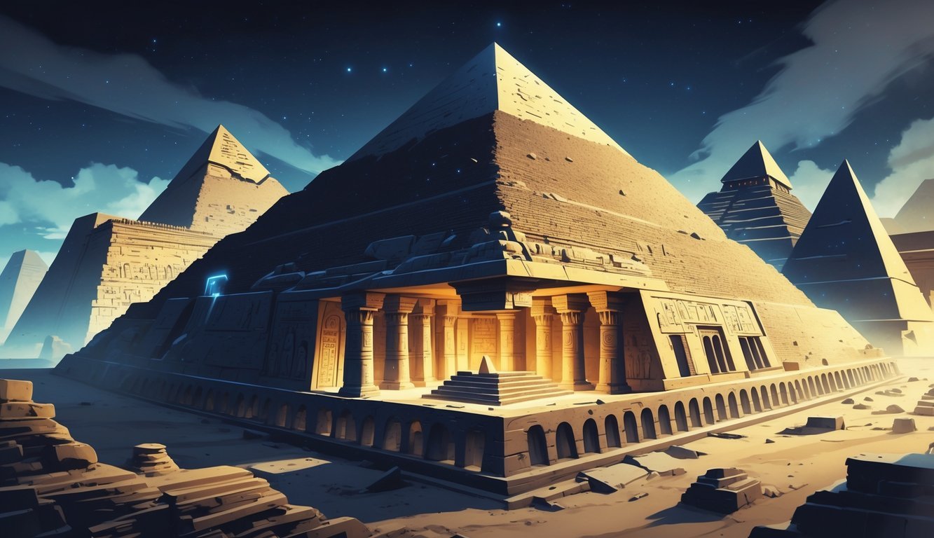 Cross-sectional view of the Great Pyramid showing hidden chambers and secret passageways, with faint outlines of six other famous monuments in the background.