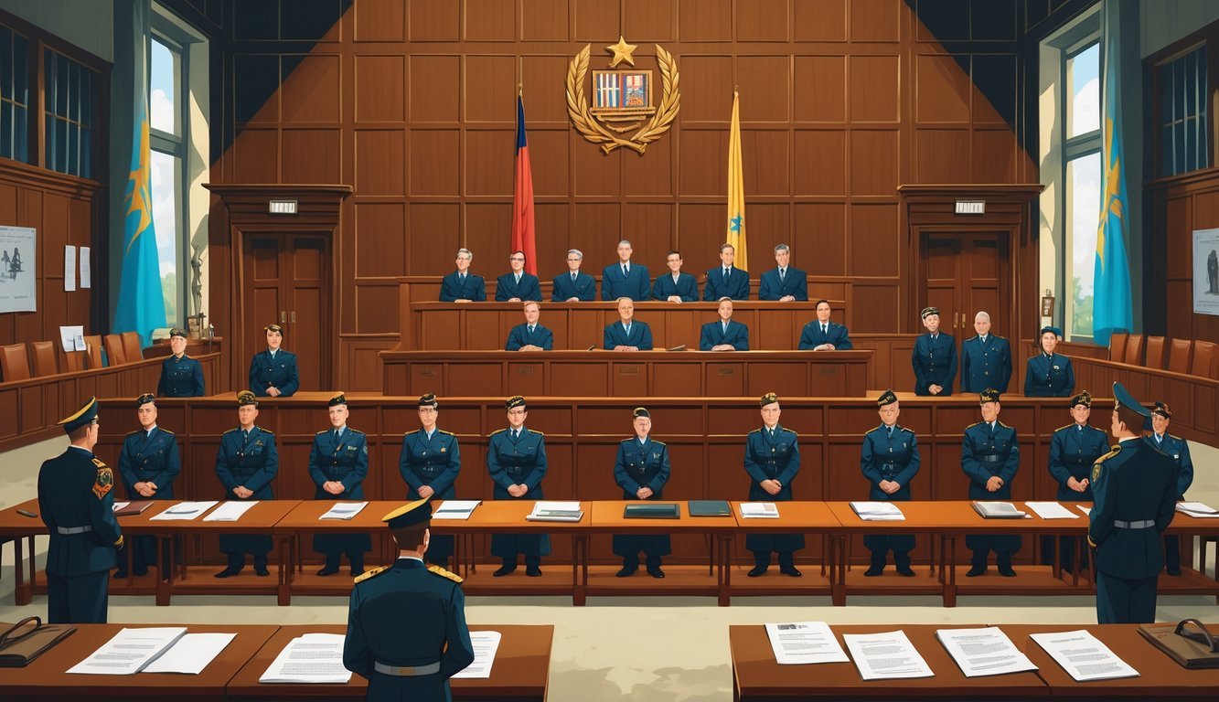 A courtroom scene showing judges, defendants, lawyers, and guards during the Nuremberg Trials for war crimes.