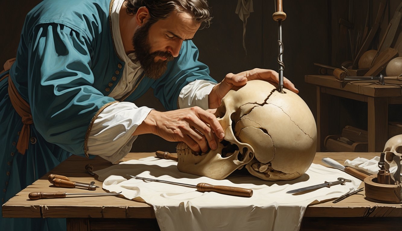 A historical scene showing a practitioner drilling a hole into a person's skull using an old hand drill while the person lies on a table.