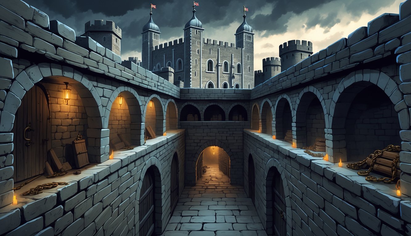 Cross-sectional view of the Tower of London revealing hidden medieval crypts and secret escape routes underground, with the Tower above and faint outlines of seven other famous monuments in the background.