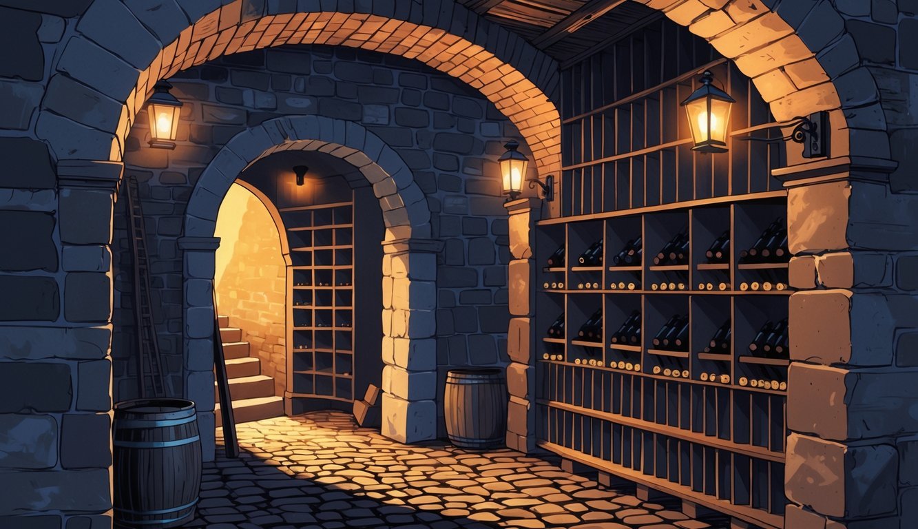 An underground stone wine cellar beneath Monticello with wooden racks of wine bottles, warm lantern lighting, and an open hatch showing part of Thomas Jefferson's home above.