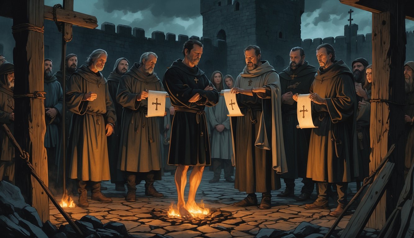 A medieval trial by ordeal scene showing a barefoot accused person standing on hot coals surrounded by judges, clergy, and anxious villagers in a stone courtyard at dusk.