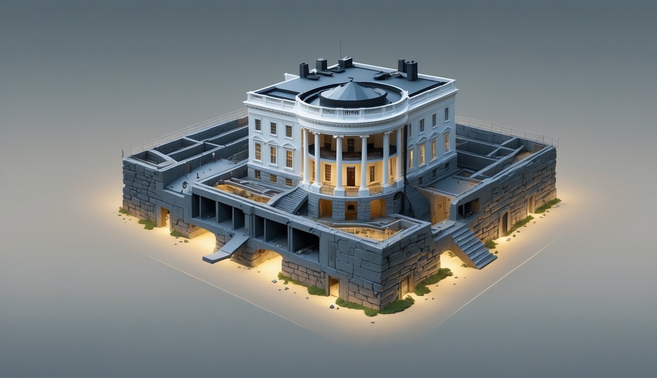 Cross-sectional view of the White House showing hidden bunkers and secret passageways beneath it, alongside cutaway views of six other famous monuments revealing their secret chambers.