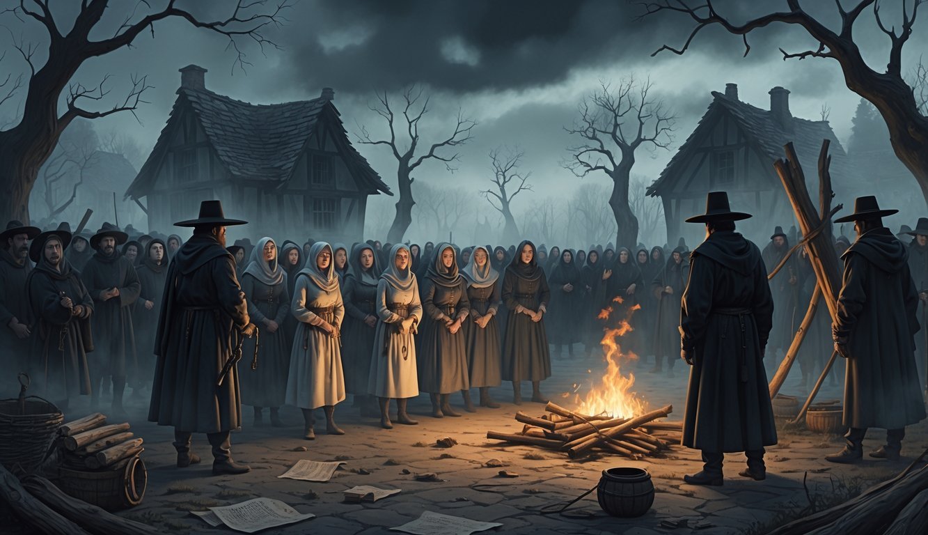 A dark village square where accused people are being led by officials toward a wooden stake prepared for execution, surrounded by onlookers and gloomy trees under a cloudy sky.