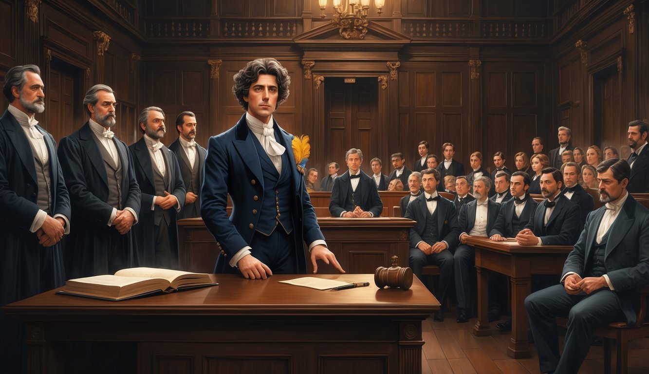 A courtroom scene showing Oscar Wilde standing at the defendant's table during his trial, surrounded by judges, lawyers, and an audience in Victorian clothing.