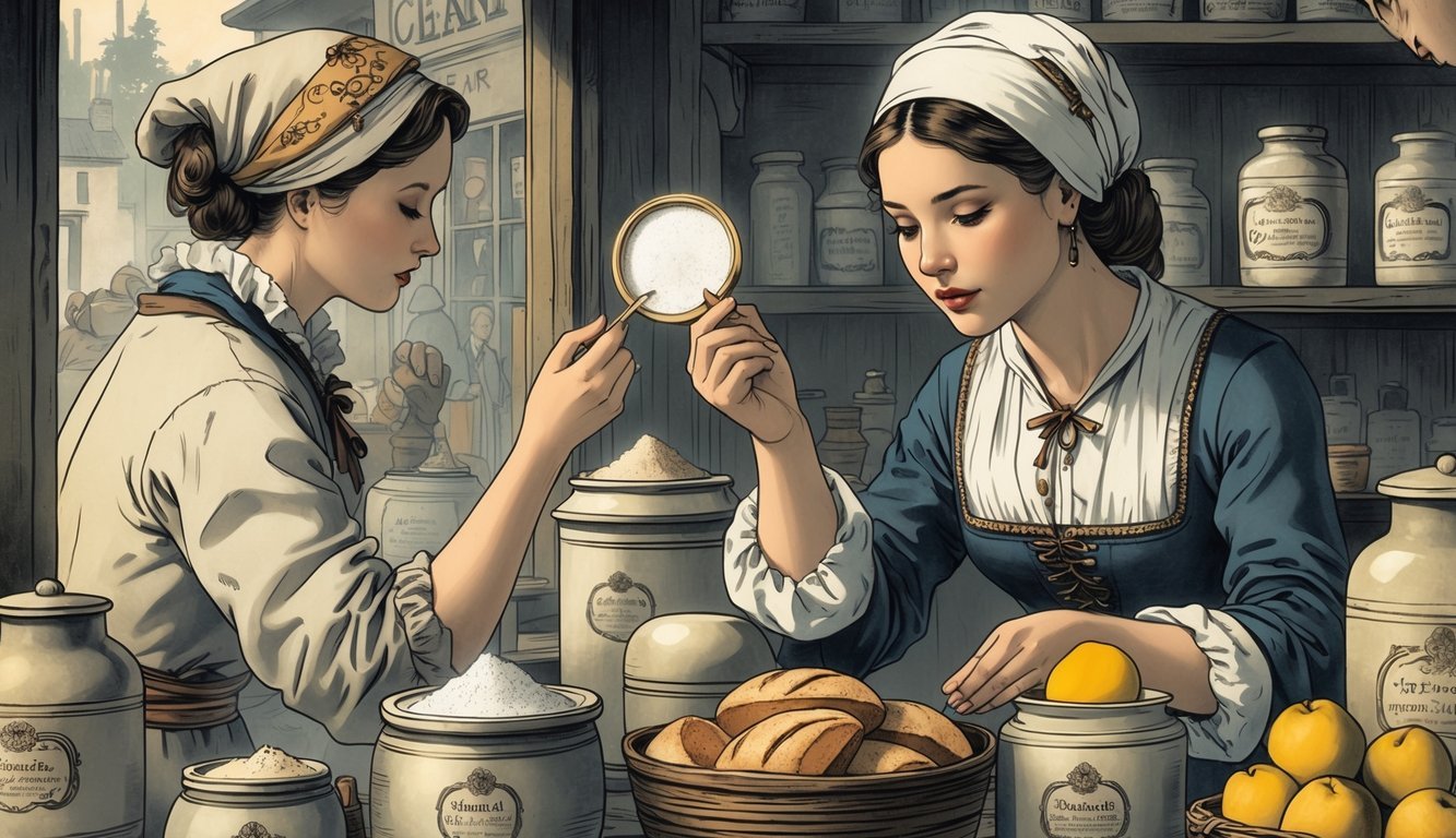 A historical scene showing a woman applying white facial powder and a vendor selling food, illustrating the use of lead in cosmetics and food in the past.