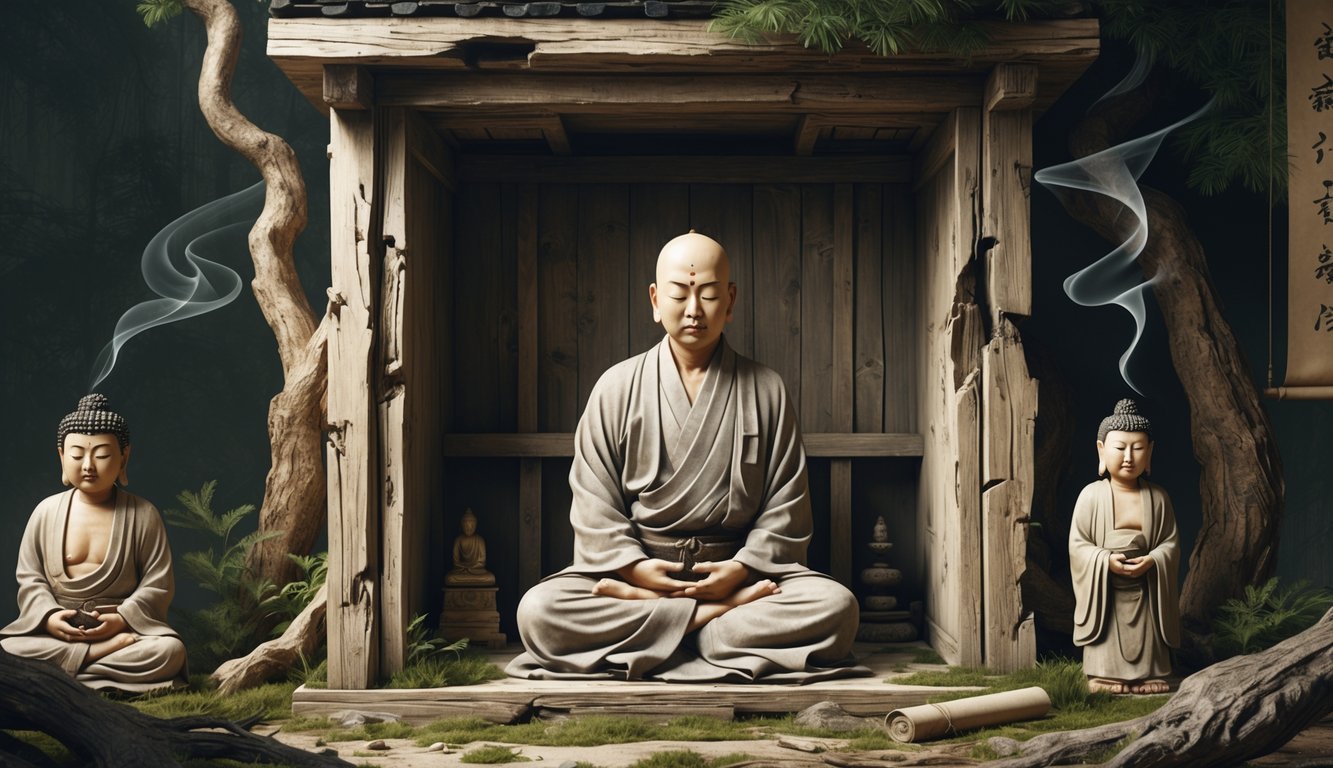 A Buddhist monk sitting in meditation inside a small wooden shrine, surrounded by natural elements and religious objects, showing signs of partial mummification.