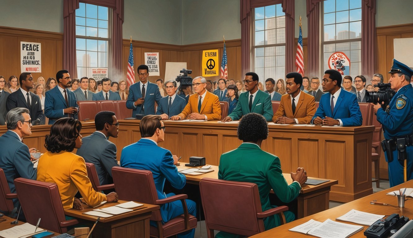 A courtroom scene showing seven defendants, lawyers, a judge, reporters, and law enforcement during a historic political trial.