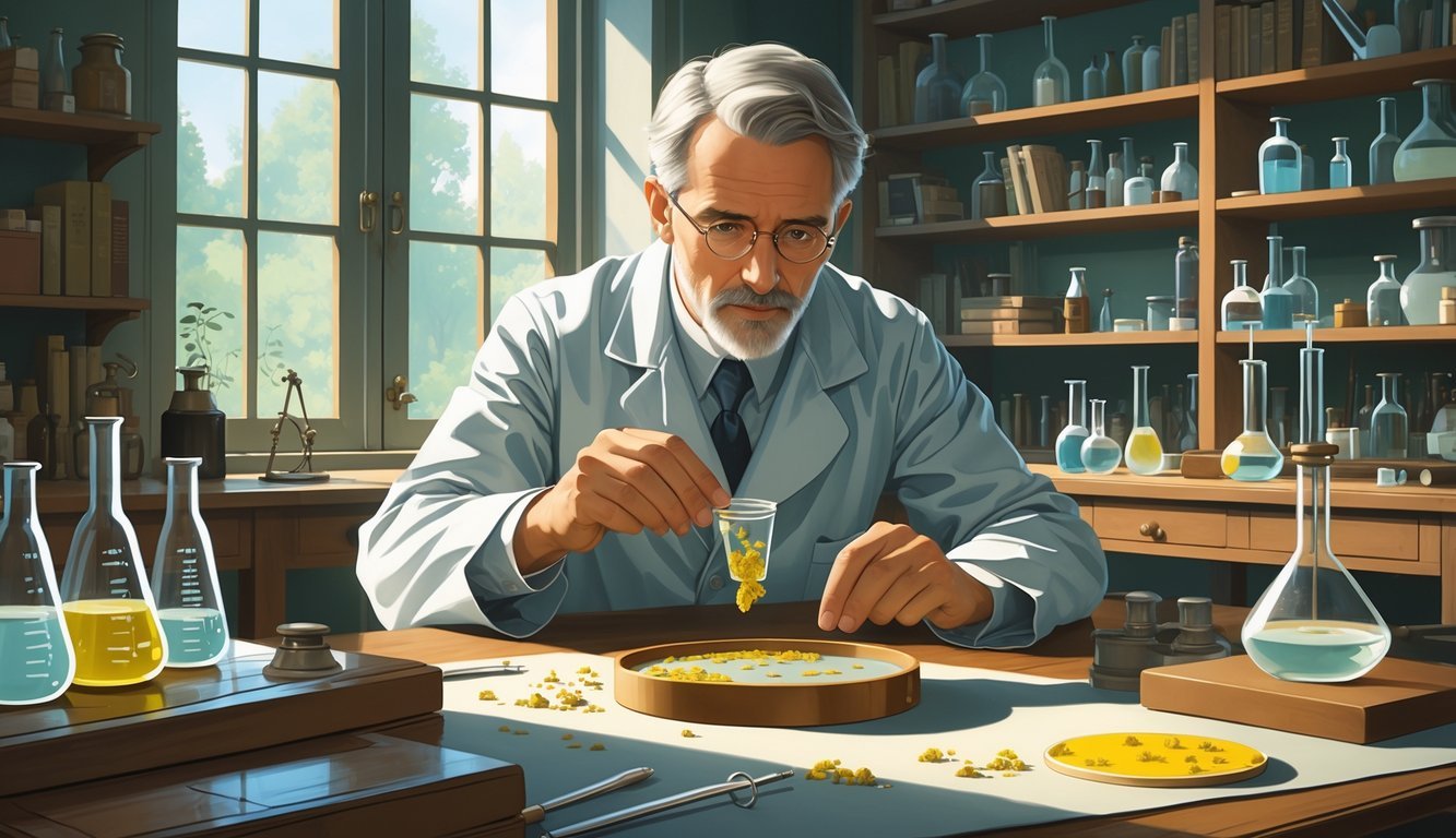 A scientist in a 1920s laboratory examining a petri dish with mold growing on it, surrounded by scientific equipment.