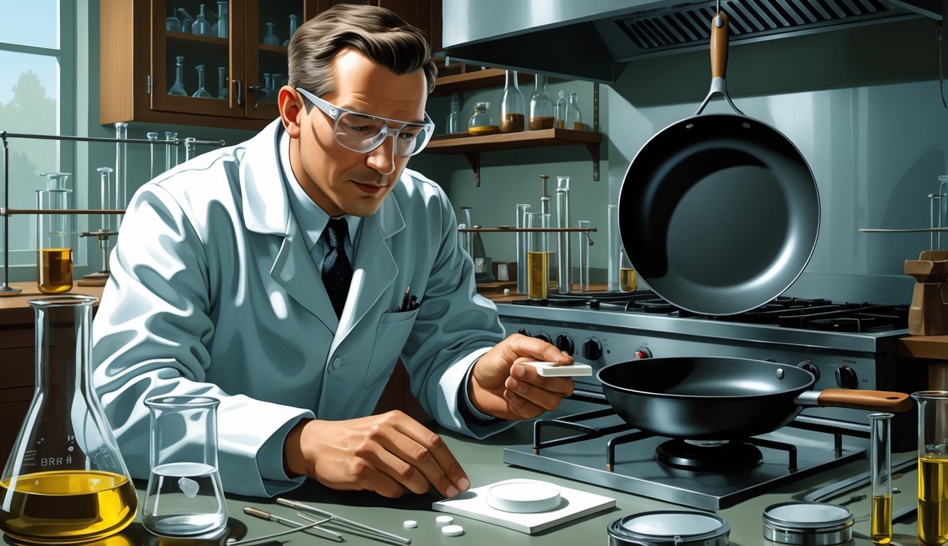 A scientist in a lab coat examines a white polymer sample in a laboratory with vintage equipment and a frying pan with a non-stick surface on a stove in the background.