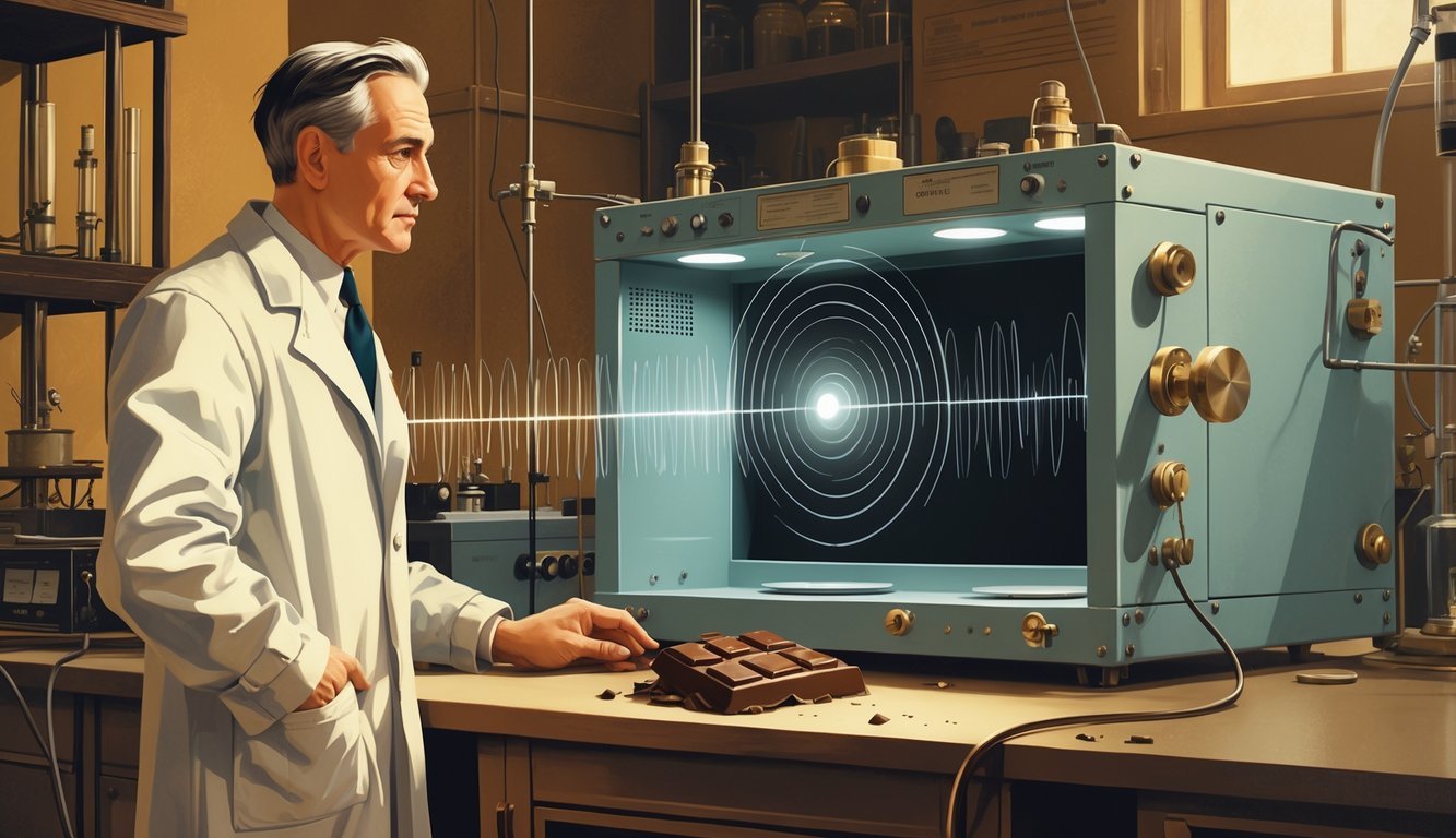 A scientist stands next to radar equipment with a melted chocolate bar on it in a vintage laboratory setting.