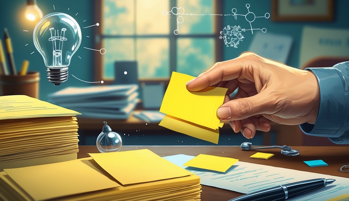 A hand peeling a yellow sticky note from a stack on a desk with office supplies around.