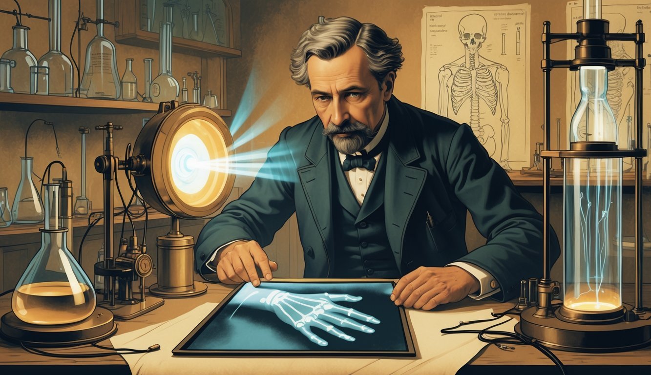 Wilhelm Röntgen in a 19th-century laboratory observing an X-ray image of a human hand showing bones.