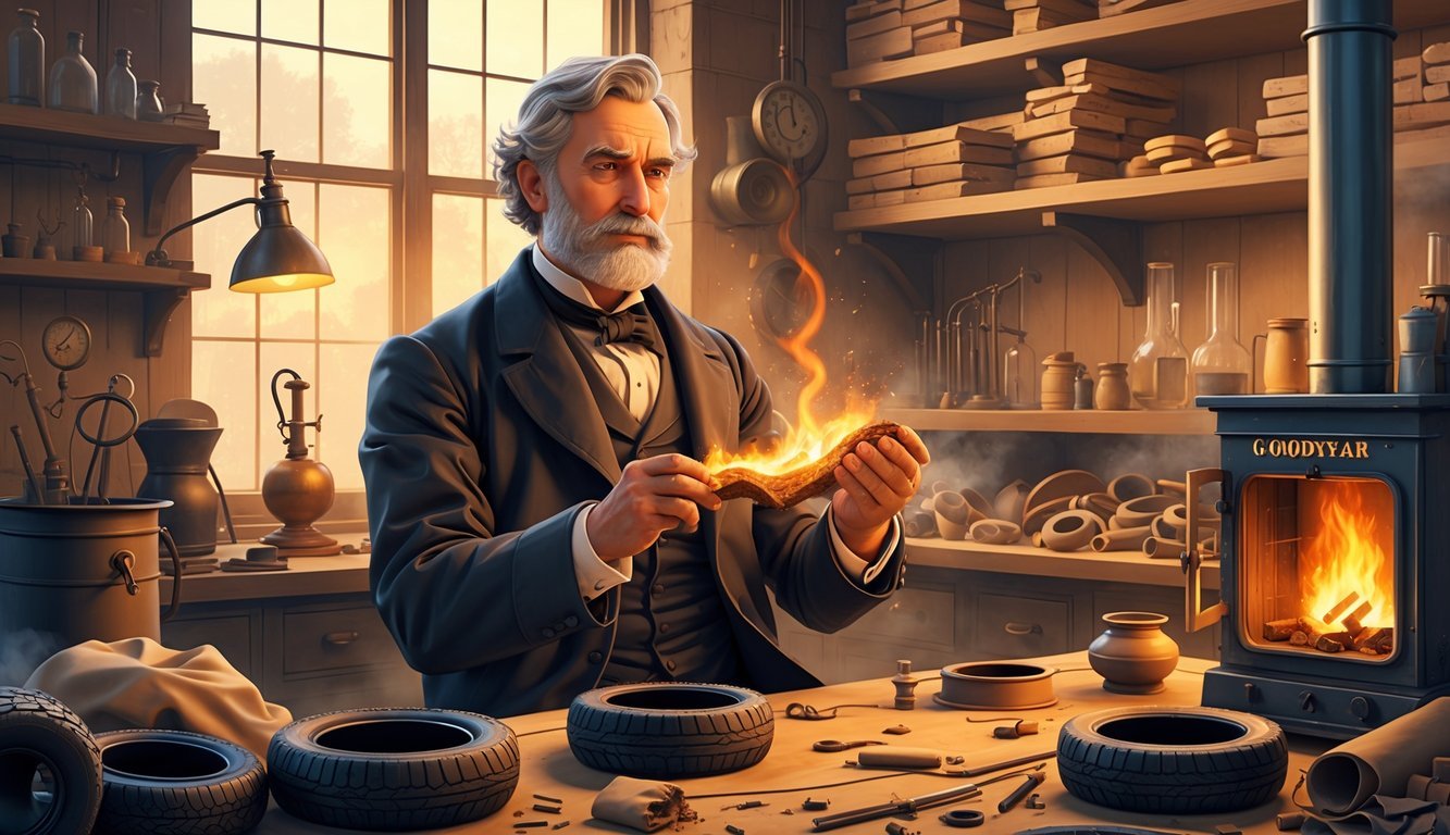 Charles Goodyear in a 19th-century workshop holding a piece of rubber as it transforms under heat, surrounded by early tire prototypes and scientific instruments.