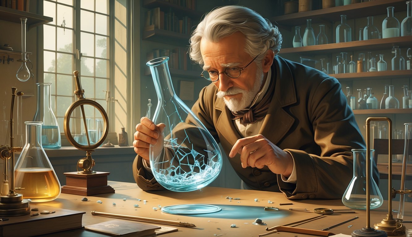 A scientist in a vintage laboratory examines a cracked glass flask coated with plastic that remains intact after being dropped.
