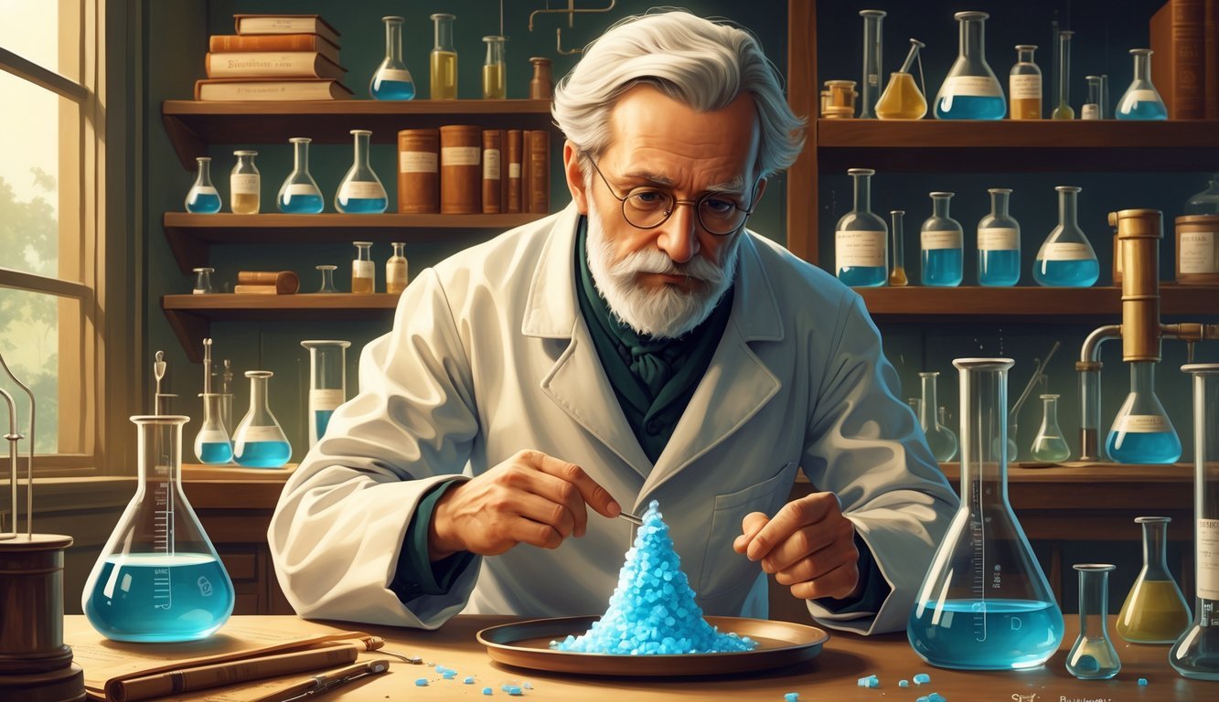 A scientist in a 19th-century laboratory examining a small crystalline substance with glassware and books in the background.