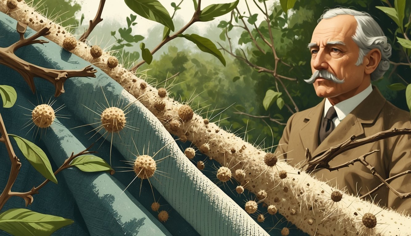 Close-up of burrs sticking to clothing fabric outdoors, with a man observing them thoughtfully in the background.
