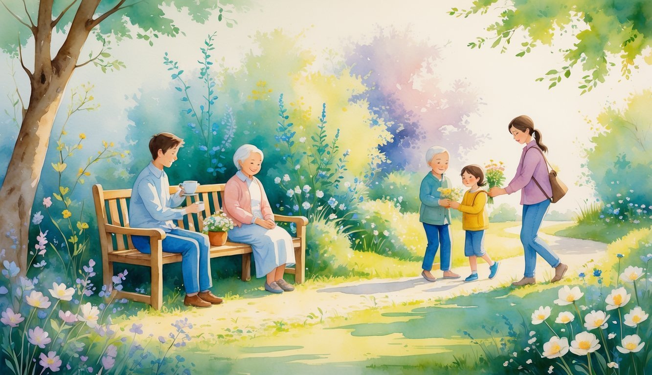 A garden scene where people share kind gestures like offering tea, giving flowers, and helping with groceries, surrounded by blooming flowers and greenery.