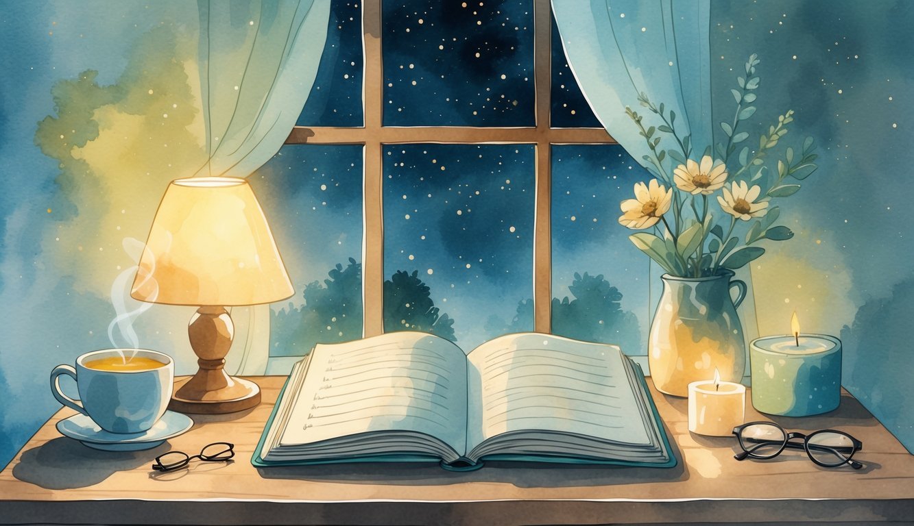 An open journal on a wooden desk with a cup of tea, a lit candle, flowers, and glasses near a window showing a starry night sky.