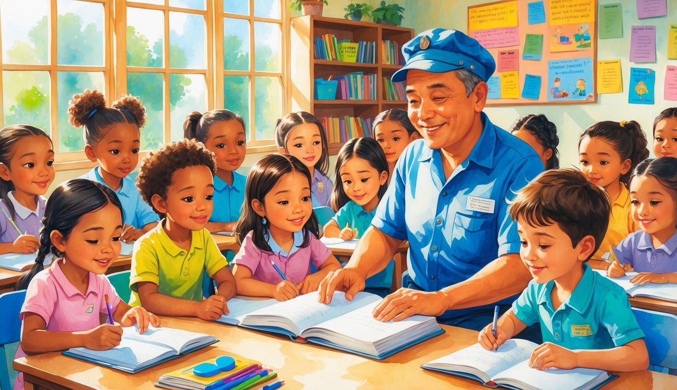 A school janitor helping a group of children with their schoolwork in a bright classroom.