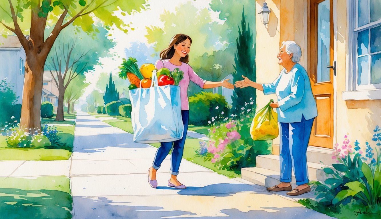 A person carrying groceries and handing a bag to a neighbor standing at their doorstep on a sunny street.