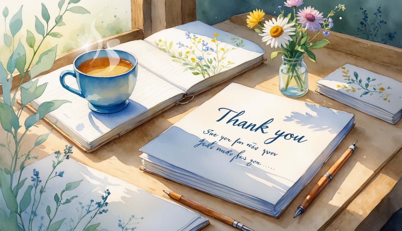 A cozy desk with a thank-you note, a cup of tea, an open journal, and a vase of wildflowers in soft morning light.