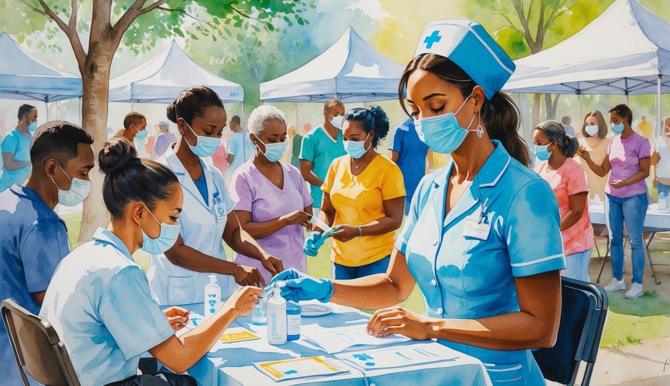 A nurse wearing a mask helps community members at an outdoor health drive with tents and trees in the background.