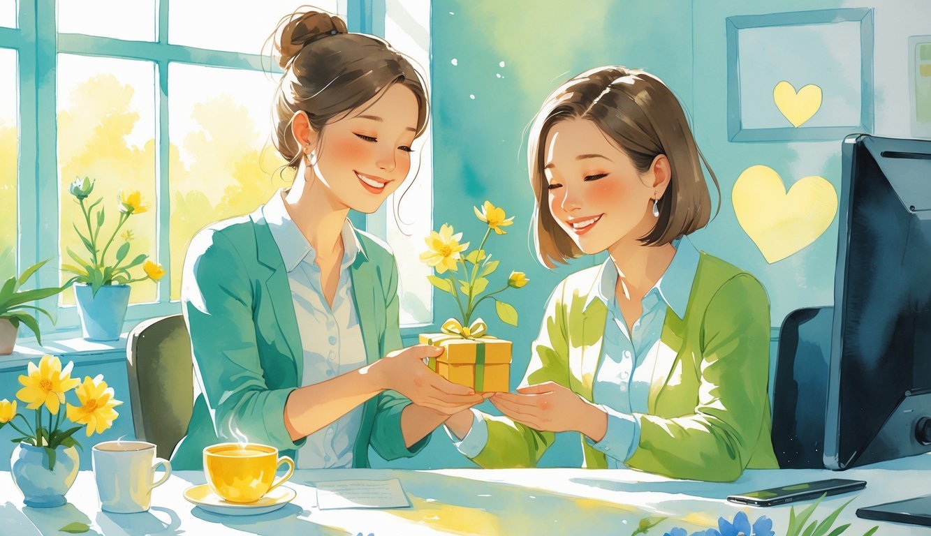 Two colleagues in an office, one giving a small gift or note to the other, both smiling warmly.