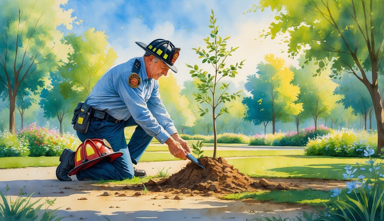 A retired firefighter planting a young tree in a green park surrounded by many newly planted trees and flowers.