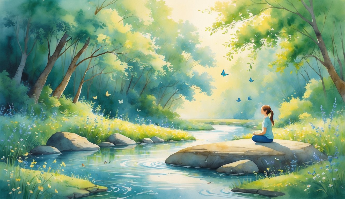 A person sitting peacefully by a stream surrounded by trees, wildflowers, birds, and butterflies in a natural setting.