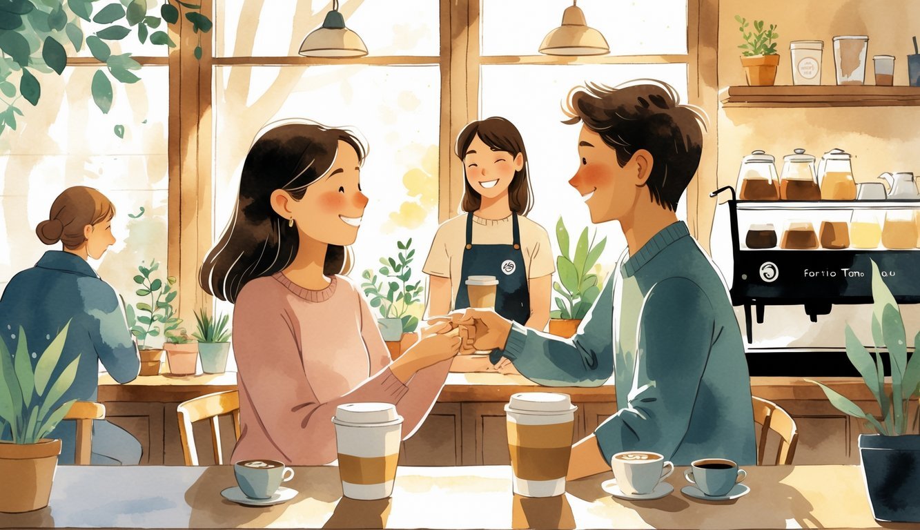 Two people in a coffee shop sharing a kind moment as one pays for the other's coffee, with warm light and other customers in the background.
