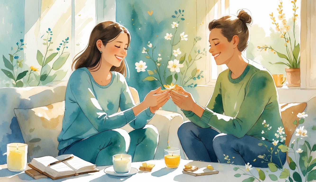 Two people sitting together in a sunlit room, smiling and holding hands surrounded by flowers, a journal, a cup of tea, a plant, and a candle.