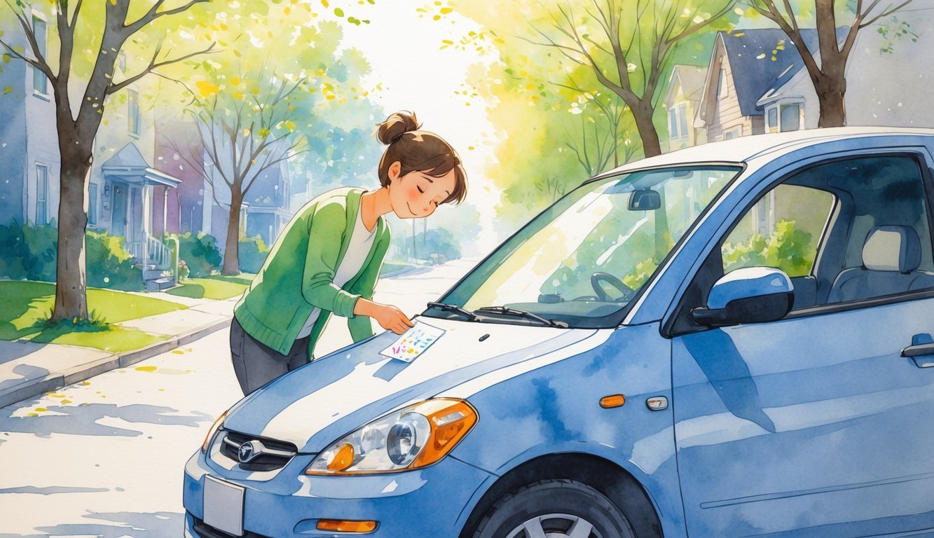 A person placing a small note on the windshield of a parked car on a quiet street with trees and houses in the background.