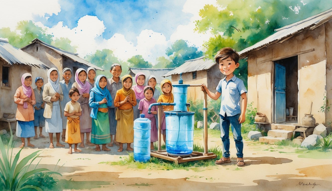 A teenage boy stands beside a handmade water filter surrounded by grateful villagers in a rural village.