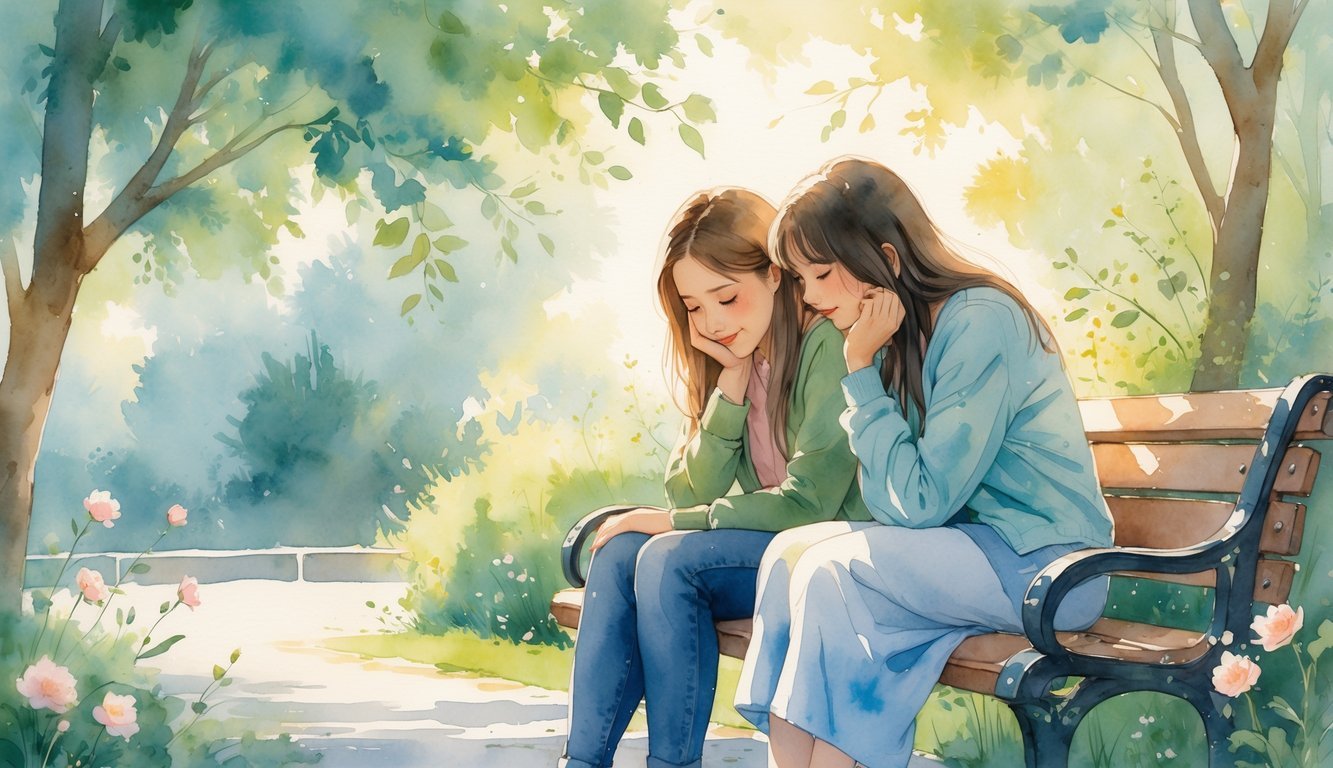 Two friends sitting on a park bench, one listening attentively while the other shares their feelings, surrounded by trees and flowers.