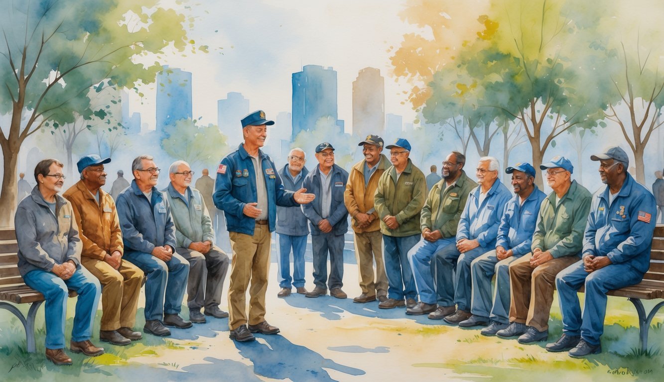 A veteran standing with a group of homeless veterans in a park, offering support and comfort.