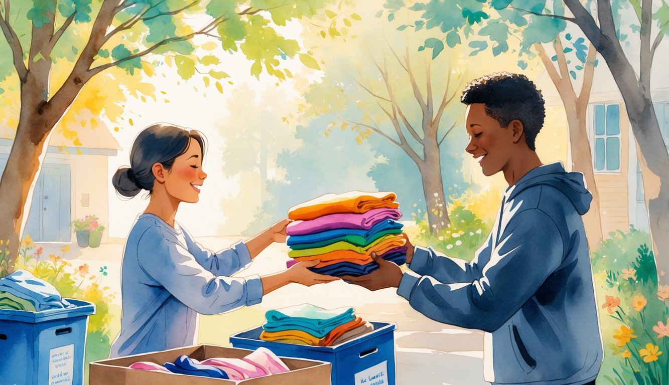 A person giving folded clothes to another person near a donation box in a peaceful outdoor community setting.