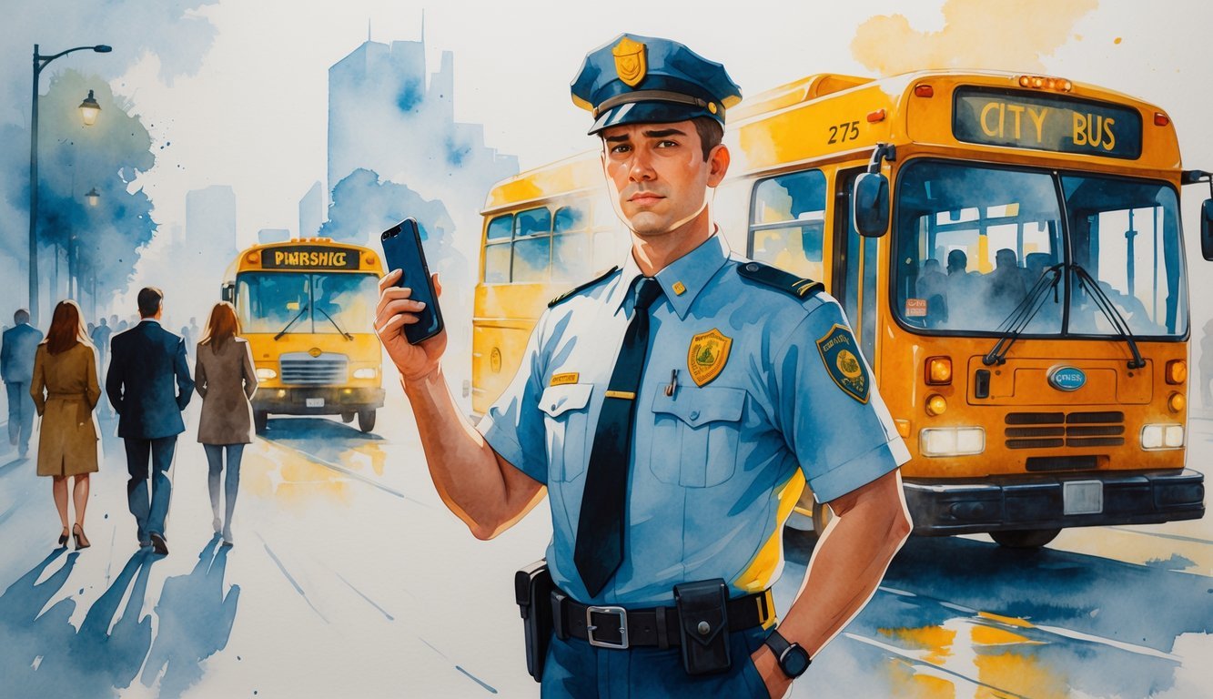 A bus driver standing beside a city bus, holding a phone, with emergency vehicles and concerned people in the background.