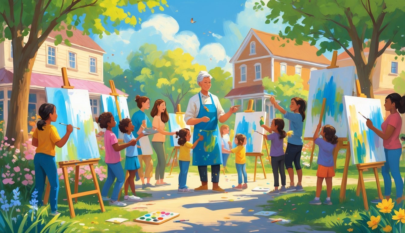A small-town artist leads a free outdoor art workshop with a diverse group of people painting and drawing together in a sunny park surrounded by trees and buildings.