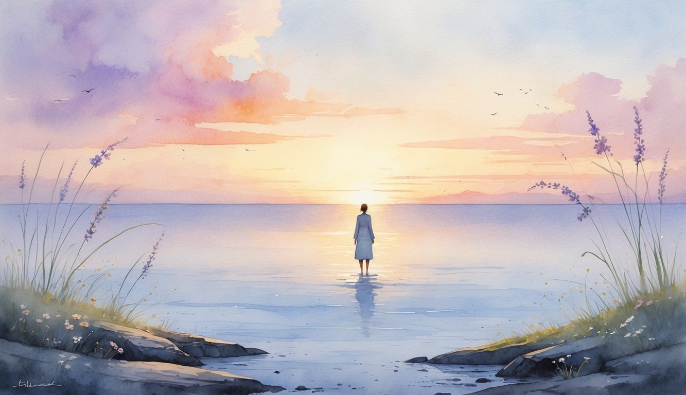 A person standing on a rocky shore looking out at a calm sea during sunrise, surrounded by wildflowers and grasses.