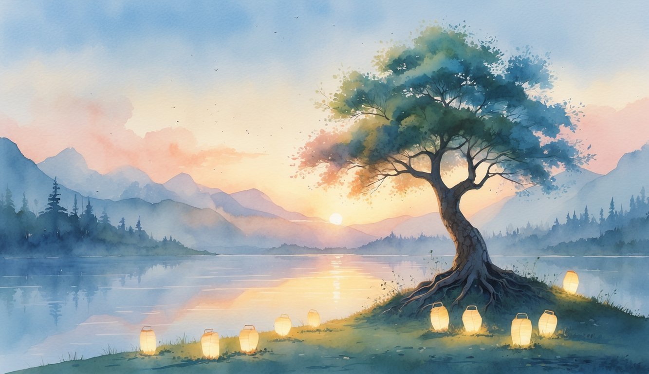 A calm lake at sunrise with misty mountains, a strong tree on a hill, and nine glowing lanterns around its base.
