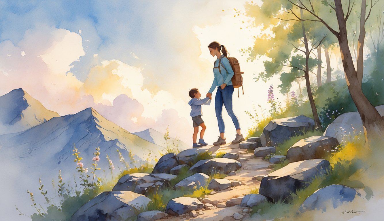 A woman helping a child climb a rocky mountain trail at sunrise surrounded by flowers and trees.
