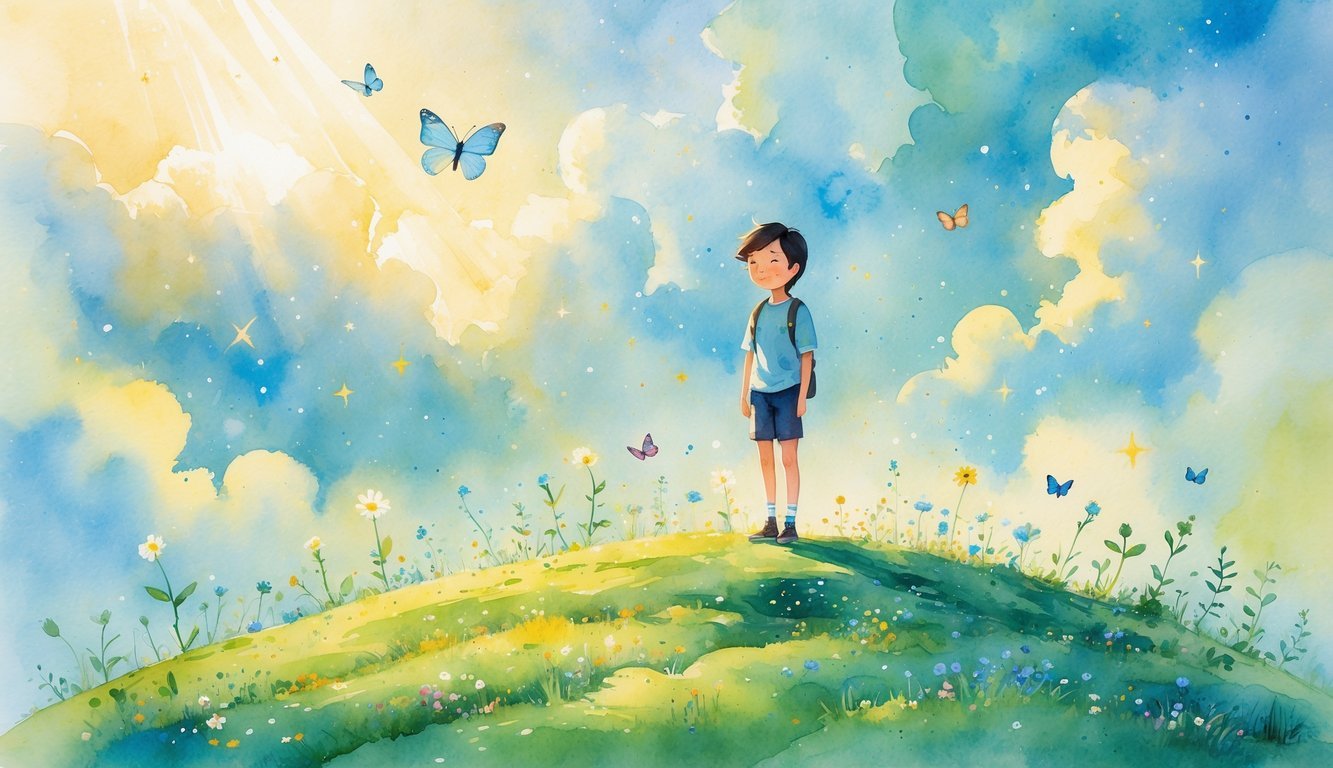 A person standing on a small hill surrounded by wildflowers and sunlight, with butterflies and stars floating around them.