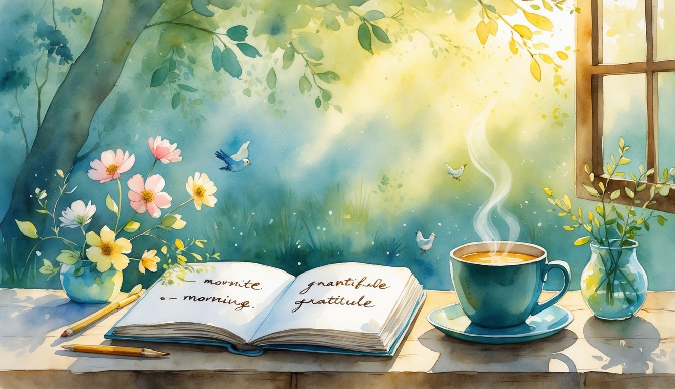 A peaceful morning scene with an open journal on a wooden table, a steaming cup, flowers, birds, and a sunlit garden in the background.