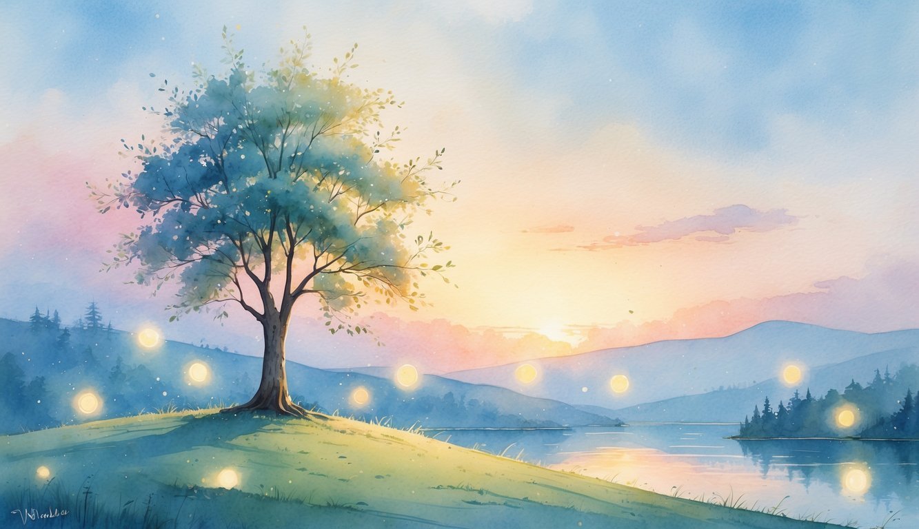 A peaceful landscape with a strong tree on a hill, nine small glowing lights around it, a calm lake, and a colorful sunrise in the sky.